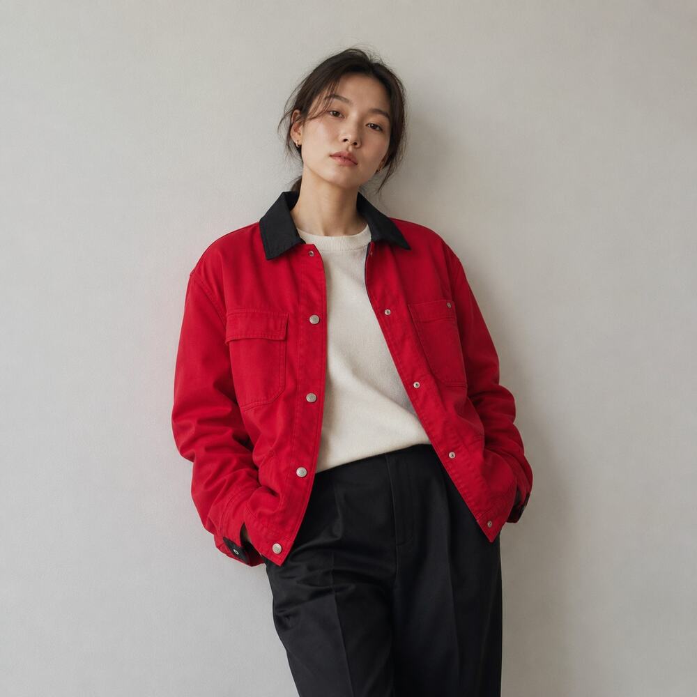 Zara Zw Collection Contrast Collar Overshirt Barn Jacket Womens S Red Denim